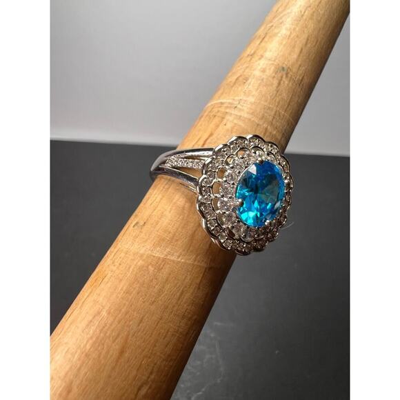 Blue and white CZ halo sterling silver ring size 8 - Picture 7 of 11